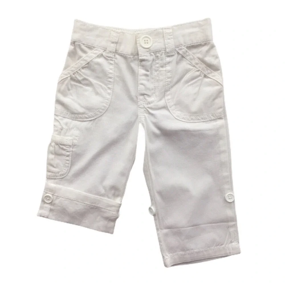 CHEROKEE Baby Girl White PANTS 12 M Roll Up Cropped or Long Button Cargo Cotton